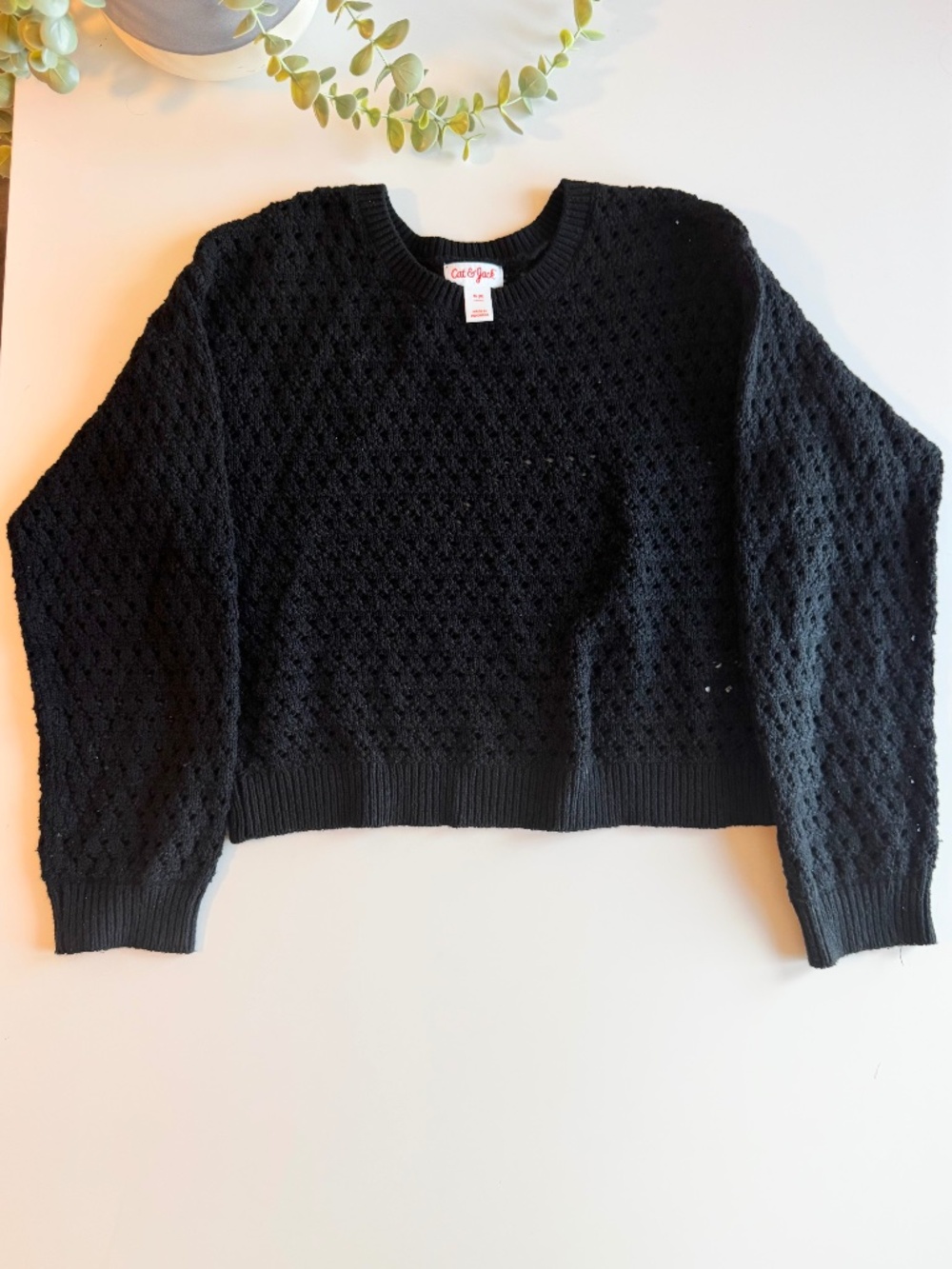 Cat & Jack Girls Black Pointelle Knit Sweater | Long Sleeve Crewneck Pullover 8